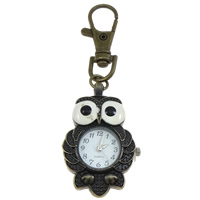 Tibetan Style Key Chain Watch, with Glass, Owl, antique bronze color plated, brushed & enamel, nickel, lead & cadmium free, 30x83.50x9.50mm, Hole:Approx 9x11.5mm, Length:Approx 3.2 Inch, 5Strands/Bag, Sold By Bag