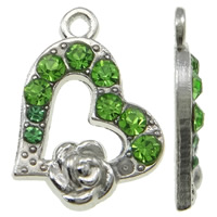 Zinc Alloy Heart Pendants platinum color plated with rhinestone green nickel lead & cadmium free Approx 1.5mm Sold By Bag