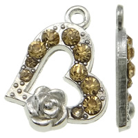 Tibetan Style Heart Pendants, platinum color plated, with rhinestone, yellow, nickel, lead & cadmium free, 14x12x2mm, Hole:Approx 1.5mm, 50PCs/Bag, Sold By Bag