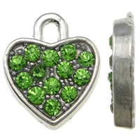 Colgantes de Aleación de Zinc en Forma de Corazón, chapado en color de platina, con diamantes de imitación, verde, libre de níquel, plomo & cadmio, 11.50x14x2.50mm, agujero:aproximado 1.5x2mm, 50PCs/Bolsa, Vendido por Bolsa