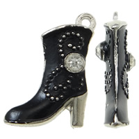Tibetan Style Shoes Pendants, painted, with rhinestone, black, nickel, lead & cadmium free, 16x21x4mm, Hole:Approx 1.5mm, 50PCs/Bag, Sold By Bag
