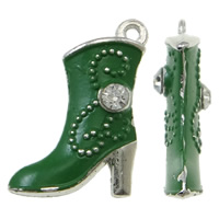 Tibetan Style Shoes Pendants, painted, with rhinestone, green, nickel, lead & cadmium free, 16x21x4mm, Hole:Approx 1.5mm, 50PCs/Bag, Sold By Bag