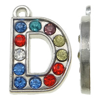 Tibetan Style Alphabet and number Pendants, Letter D, platinum color plated, with rhinestone, mixed colors, nickel, lead & cadmium free, 12x18x2mm, Hole:Approx 1.5mm, 50PCs/Bag, Sold By Bag