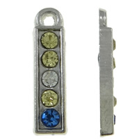 Tibetan Style Alphabet and number Pendants, Letter I, platinum color plated, with rhinestone, mixed colors, nickel, lead & cadmium free, 4x17x2mm, Hole:Approx 1.5mm, 50PCs/Bag, Sold By Bag