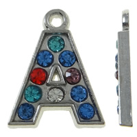 Tibetan Style Alphabet and number Pendants, Letter A, platinum color plated, with rhinestone, mixed colors, nickel, lead & cadmium free, 13x17x2mm, Hole:Approx 1.5mm, 50PCs/Bag, Sold By Bag