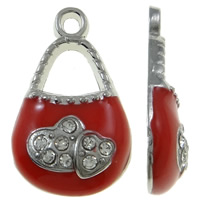 Tibetan Style Handbag Pendants, platinum color plated, enamel & with rhinestone, red, nickel, lead & cadmium free, 12x20x4mm, Hole:Approx 2mm, 50PCs/Bag, Sold By Bag