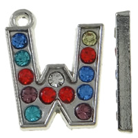 Tibetan Style Alphabet and number Pendants, Letter W, platinum color plated, with rhinestone, mixed colors, nickel, lead & cadmium free, 14x17x2mm, Hole:Approx 1.5mm, 50PCs/Bag, Sold By Bag
