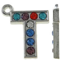 Tibetan Style Alphabet and number Pendants, Letter T, platinum color plated, with rhinestone, mixed colors, nickel, lead & cadmium free, 15x17x2mm, Hole:Approx 1.5mm, 50PCs/Bag, Sold By Bag