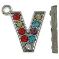 Zinc Alloy Alphabet and number Pendants Letter V platinum color plated with rhinestone mixed colors nickel lead & cadmium free Approx 1.5mm Sold By Bag
