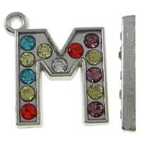 Tibetan Style Alphabet and number Pendants, Letter M, platinum color plated, with rhinestone, mixed colors, nickel, lead & cadmium free, 15x17.50x2mm, Hole:Approx 1.5mm, 50PCs/Bag, Sold By Bag