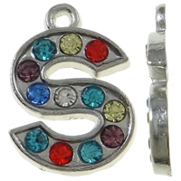 Tibetan Style Alphabet and number Pendants, Letter S, platinum color plated, with rhinestone, mixed colors, nickel, lead & cadmium free, 13x18x2mm, Hole:Approx 1.5mm, 50PCs/Bag, Sold By Bag