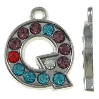 Tibetan Style Alphabet and number Pendants, Letter Q, platinum color plated, with rhinestone, mixed colors, nickel, lead & cadmium free, 14x17x2mm, Hole:Approx 1.5mm, 50PCs/Bag, Sold By Bag