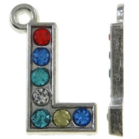 Tibetan Style Alphabet and number Pendants, Letter L, platinum color plated, with rhinestone, mixed colors, nickel, lead & cadmium free, 9x17x2mm, Hole:Approx 1.5mm, 50PCs/Bag, Sold By Bag
