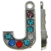 Zinc Alloy Alphabet and number Pendants Letter J platinum color plated with rhinestone mixed colors nickel lead & cadmium free Approx 1.5mm Sold By Bag