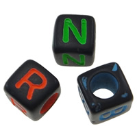 Polystyrene Beads, Cube, painted, with letter pattern & four-sided, mixed colors, 6x6x6mm, Hole:Approx 3mm, Approx 3050PCs/Bag, Sold By Bag
