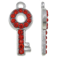 Tibetan Style Key Pendants, platinum color plated, with rhinestone, red, nickel, lead & cadmium free, 8x18.50x2mm, Hole:Approx 1.5mm, 100PCs/Bag, Sold By Bag