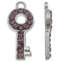 Tibetan Style Key Pendants, platinum color plated, with rhinestone, light purple, nickel, lead & cadmium free, 8x18.50x2mm, Hole:Approx 1.5mm, 100PCs/Bag, Sold By Bag