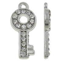 Tibetan Style Key Pendants, platinum color plated, with rhinestone, white, nickel, lead & cadmium free, 8x18.50x2mm, Hole:Approx 1.5mm, 100PCs/Bag, Sold By Bag