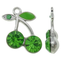 Tibetan Style Fruit Shape Pendants, Cherry, platinum color plated, enamel & with rhinestone, green, nickel, lead & cadmium free, 13x18x5mm, Hole:Approx 1.5mm, 100PCs/Bag, Sold By Bag