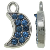Tibetan Style Moon Pendants, platinum color plated, with rhinestone, blue, nickel, lead & cadmium free, 9x16x2mm, Hole:Approx 2x2.5mm, 100PCs/Bag, Sold By Bag
