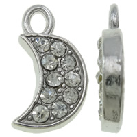 Tibetan Style Moon Pendants, platinum color plated, with rhinestone, nickel, lead & cadmium free, 9x16x2mm, Hole:Approx 2x2.5mm, 100PCs/Bag, Sold By Bag