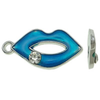 Tibetan Style, Lip, platinum color plated, enamel & with rhinestone, blue, nickel, lead & cadmium free, 12x24x2.50mm, Hole:Approx 1.5mm, 100PCs/Bag, Sold By Bag