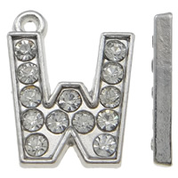 Tibetan Style Alphabet and number Pendants, Letter W, platinum color plated, with rhinestone, nickel, lead & cadmium free, 14x17.50x2mm, Hole:Approx 1mm, 100PCs/Bag, Sold By Bag