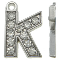 Tibetan Style Alphabet and number Pendants, Letter K, platinum color plated, with rhinestone, nickel, lead & cadmium free, 12x17x2mm, Hole:Approx 1mm, 100PCs/Bag, Sold By Bag