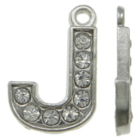 Zinklegering alfabet hangers, Zinc Alloy, Letter J, platinum plated, met strass, nikkel, lood en cadmium vrij, 12x17x2mm, Gat:Ca 1mm, 100pC's/Bag, Verkocht door Bag