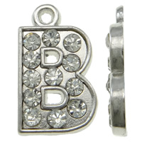 Tibetan Style Alphabet and number Pendants, Letter B, platinum color plated, with rhinestone, nickel, lead & cadmium free, 10x17.50x2mm, Hole:Approx 1mm, 100PCs/Bag, Sold By Bag