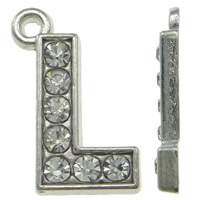 Tibetan Style Alphabet and number Pendants, Letter L, platinum color plated, with rhinestone, nickel, lead & cadmium free, 10x19x2mm, Hole:Approx 1mm, 100PCs/Bag, Sold By Bag