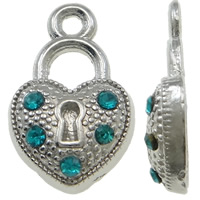 Tibetan Style Lock Pendants, platinum color plated, with rhinestone, nickel, lead & cadmium free, 11x17x3.50mm, Hole:Approx 1.5mm, 100PCs/Bag, Sold By Bag