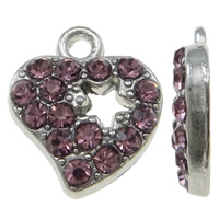 Tibetan Style Heart Pendants, platinum color plated, with rhinestone, pink, nickel, lead & cadmium free, 12.50x14x3mm, Hole:Approx 1mm, 100PCs/Bag, Sold By Bag