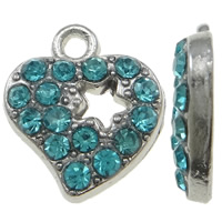 Tibetan Style Heart Pendants, platinum color plated, with rhinestone, blue, nickel, lead & cadmium free, 12.50x14x3mm, Hole:Approx 1mm, 100PCs/Bag, Sold By Bag