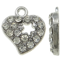 Tibetan Style Heart Pendants, platinum color plated, with rhinestone, white, nickel, lead & cadmium free, 12.50x14x3mm, Hole:Approx 1mm, 100PCs/Bag, Sold By Bag