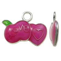 Tibetan Style Fruit Shape Pendants, Apple, word love, platinum color plated, with heart pattern & with letter pattern & enamel, pink, nickel, lead & cadmium free, 18x13x3mm, Hole:Approx 2mm, 100PCs/Bag, Sold By Bag