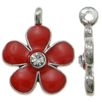 Tibetan Style Flower Pendants, platinum color plated, enamel & with rhinestone, red, nickel, lead & cadmium free, 15x18x3mm, Hole:Approx 1mm, 100PCs/Bag, Sold By Bag