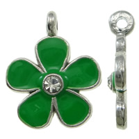 Tibetan Style Flower Pendants, platinum color plated, enamel & with rhinestone, green, nickel, lead & cadmium free, 15x18x3mm, Hole:Approx 1mm, 100PCs/Bag, Sold By Bag