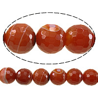 Natürliche Streifen Achat Perlen, rund, facettierte, rot, 10mm, Bohrung:ca. 1.5mm, Länge:ca. 15 ZollInch, 10SträngeStrang/Menge, ca. 38PCs/Strang, verkauft von Menge
