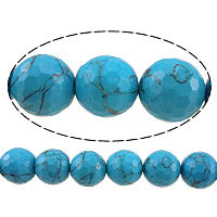 Synthetische Türkis Perle, rund, facettierte, blau, 14mm, Bohrung:ca. 1.5mm, Länge:ca. 15 ZollInch, 5SträngeStrang/Menge, ca. 28PCs/Strang, verkauft von Menge