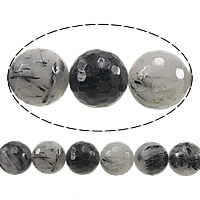Rutilated Quartz Beads, Round, faceted, 10mm, Hole:Approx 1mm, Length:Approx 15 Inch, 5Strands/Lot, Approx 37PCs/Strand, Sold By Lot