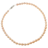 Natural Freshwater Pearl Necklace brass lobster clasp Rice pink 7-8mm Approx 0.8mm Sold Per Approx 17 Inch Strand