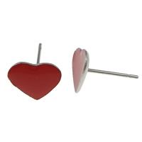 Stainless Steel Stud Øreringe, Heart, uden earnut & emalje, rød, 9x8.5mm, 0.7mm, 200par/Lot, Solgt af Lot