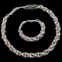 Natural Cultured Freshwater Pearl Jewelry Sets, bracelet & necklace, with Glass Seed Beads, brass magnetic clasp, purple, 5-6mm, Length:Approx 7.5 Inch, Approx 19.5 Inch, Sold By Set