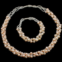 Natural Cultured Freshwater Pearl Jewelry Sets, bracelet & necklace, with Glass Seed Beads, brass magnetic clasp, pink, 5-6mm, Length:Approx 7.5 Inch, Approx 19.5 Inch, Sold By Set