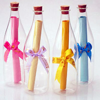 Glass Wish Bottle, with wood stopper & Satin Ribbon, Winebottle, with wishing paper roll inside & transparent, mixed colors, 46x138mm, 5PCs/Lot, Sold By Lot