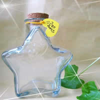 Glass Wish Bottle, with wood stopper & Linen, Star, with paper tag & transparent, 143x155mm, 5PCs/Lot, Sold By Lot
