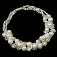Bracelet en perles de culture d'eau douce, perle d'eau douce cultivée, avec perles de rocaille en verre, laiton fermoir magnétique, pomme de terre, naturel, blanc, 6-7mm, Vendu par Environ 7.5 pouce brin