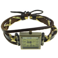 Women Watch Bracelet, PU Leather, with Waxed Cotton Cord & Tibetan Style dial, antique bronze color plated, adjustable & 3-strand, brown, 32x25x12mm, Sold Per Approx 7.5 Inch Strand