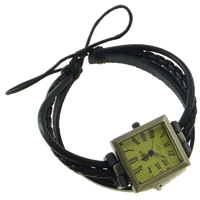 Women Watch Bracelet, PU Leather, with Waxed Cotton Cord & Tibetan Style dial, antique bronze color plated, adjustable & 4-strand, black, 32x25x12mm, Sold Per Approx 7.5 Inch Strand
